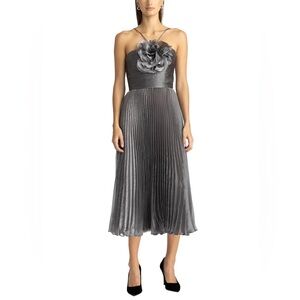 Zac Posen silver lamé pleated midi dress.